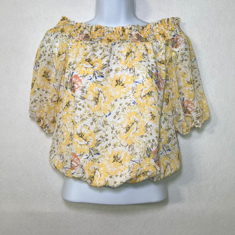 Joie Yellow Floral Off The Shoulder Boho Cottage Peasant Romantic Smocked Top XS